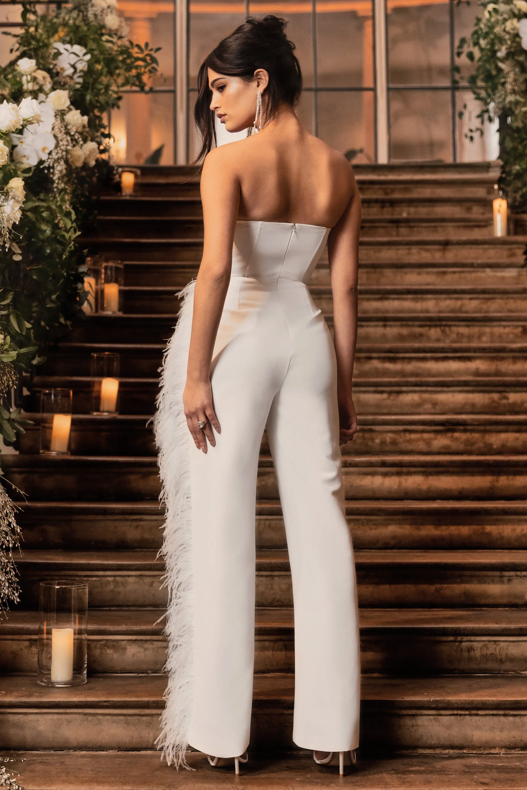 Topic Of Talk | White Strapless Bandeau Wide-Leg Jumpsuit With Feather Trim sold by Club L London product image thumbnail 2