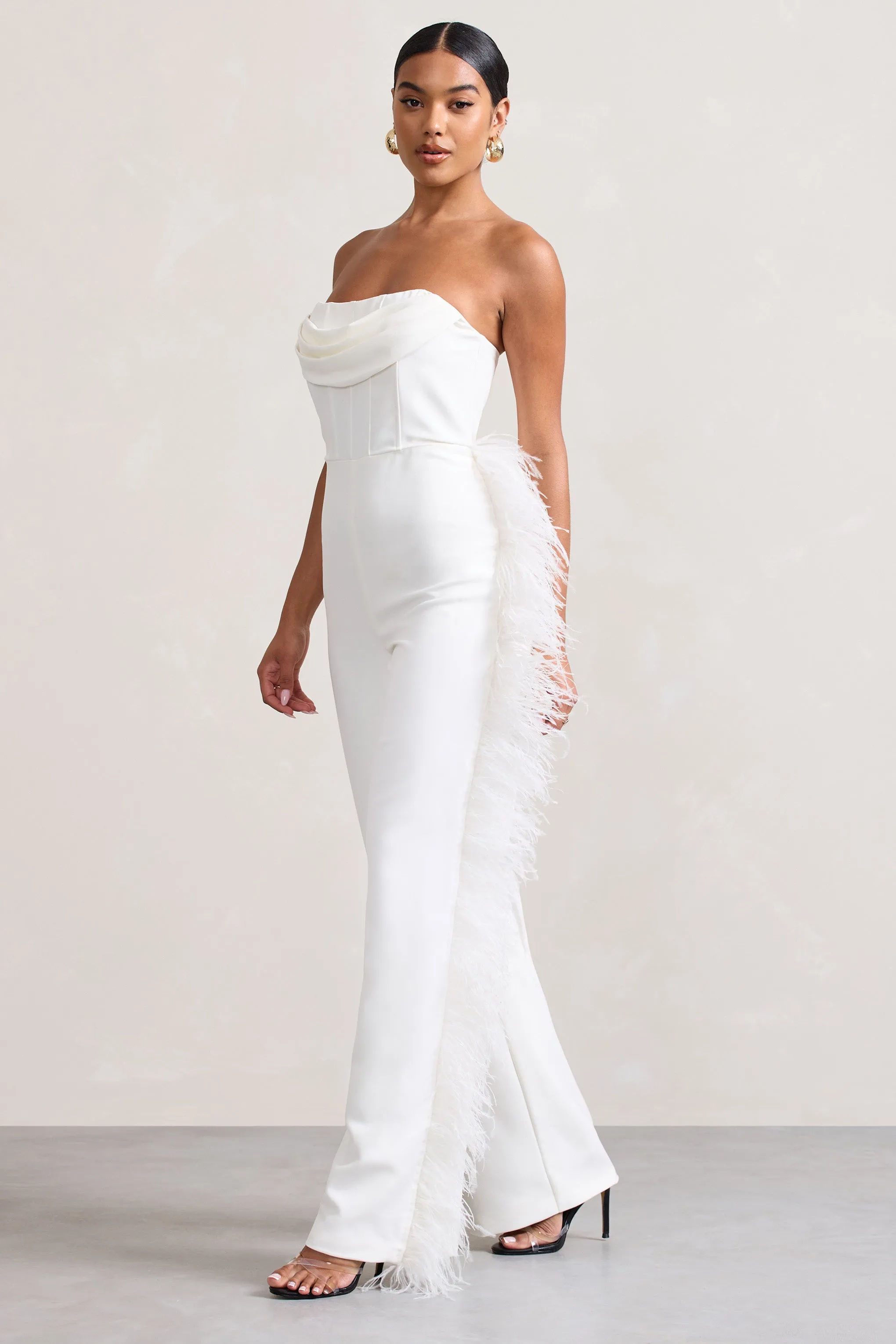 Topic Of Talk | White Strapless Bandeau Wide-Leg Jumpsuit With Feather Trim sold by Club L London product image thumbnail 3