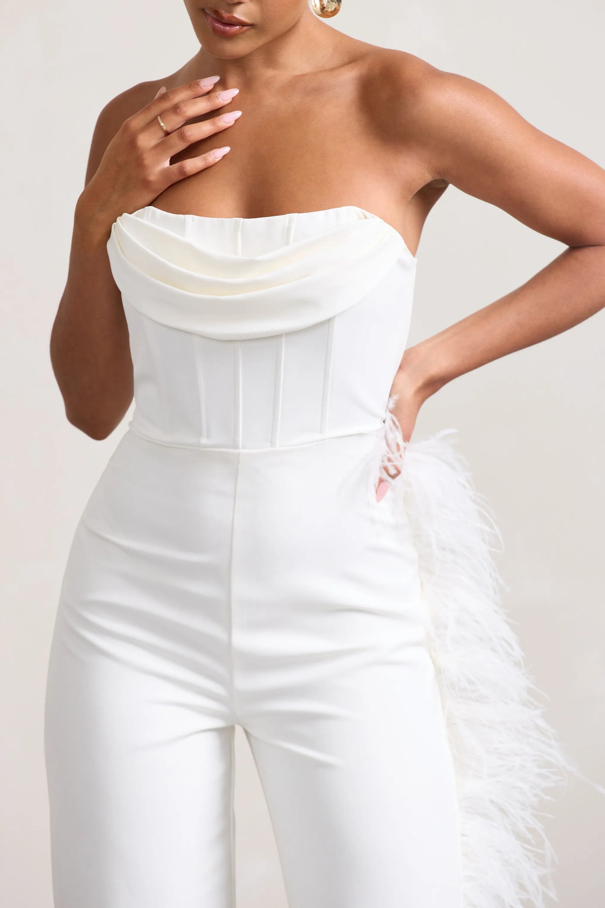 Topic Of Talk | White Strapless Bandeau Wide-Leg Jumpsuit With Feather Trim sold by Club L London product image thumbnail 5