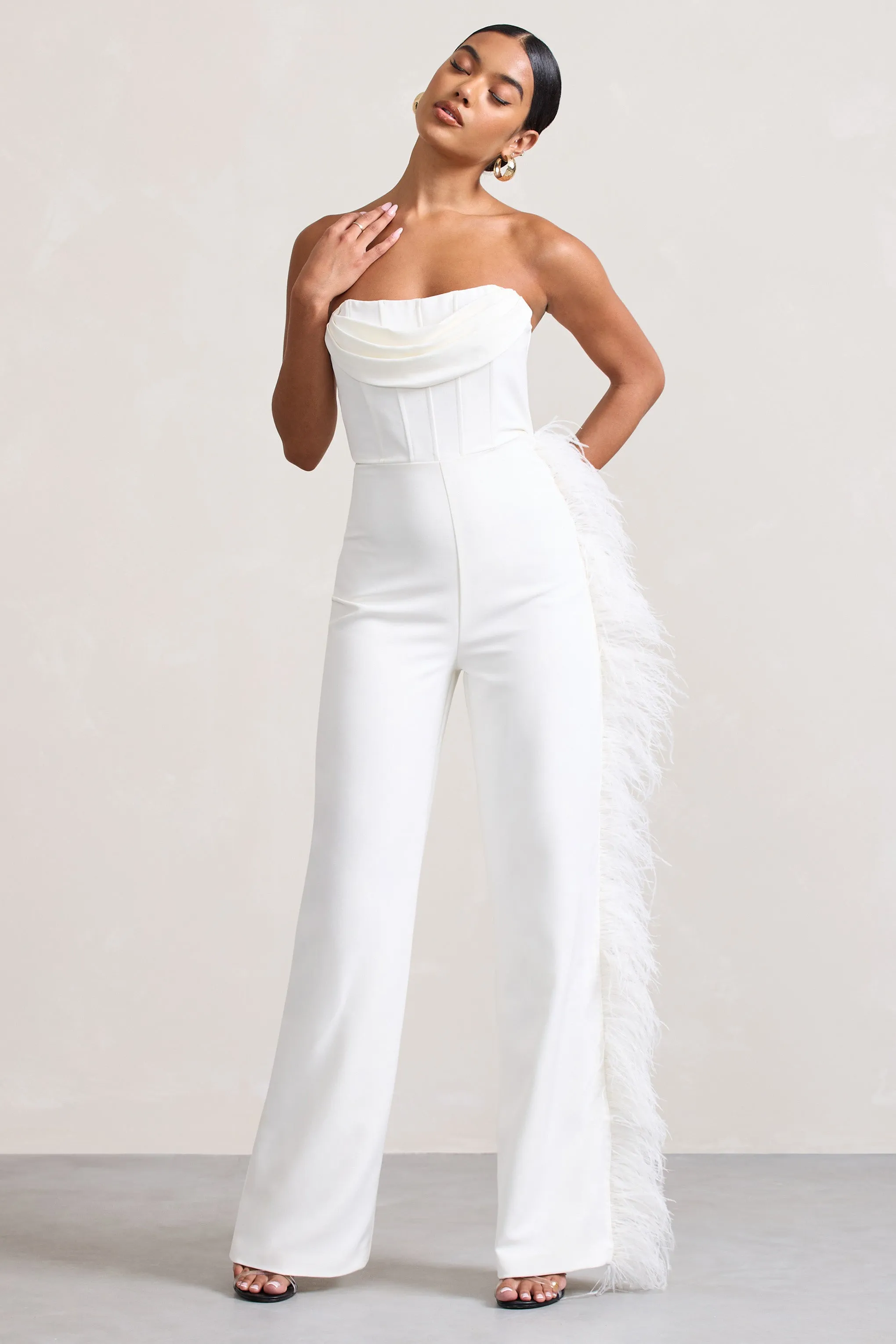 Topic Of Talk | White Strapless Bandeau Wide-Leg Jumpsuit With Feather Trim sold by Club L London product image thumbnail 4
