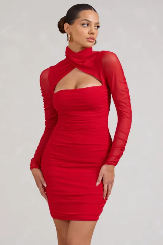 Bouquet Toss | Red Ruched Mesh Long-Sleeved Mini Dress sold by Club L London