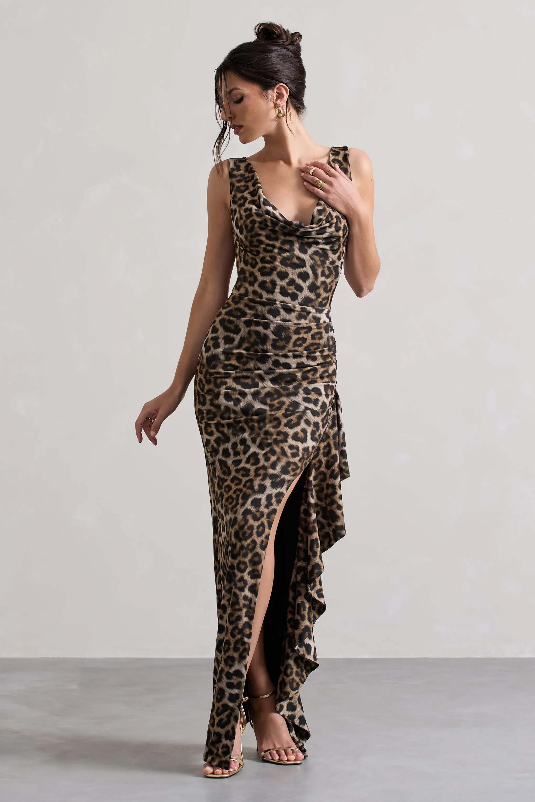 Kaida | Leopard Print Cowl-Neck Ruffled Split Maxi Dress sold by Club L London product image thumbnail 5
