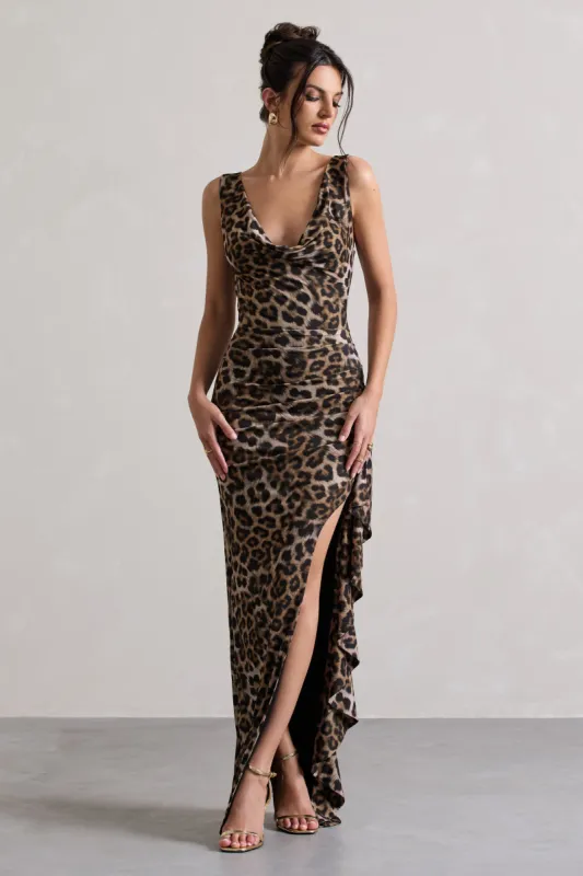 Kaida | Leopard Print Cowl-Neck Ruffled Split Maxi Dress sold by Club L London