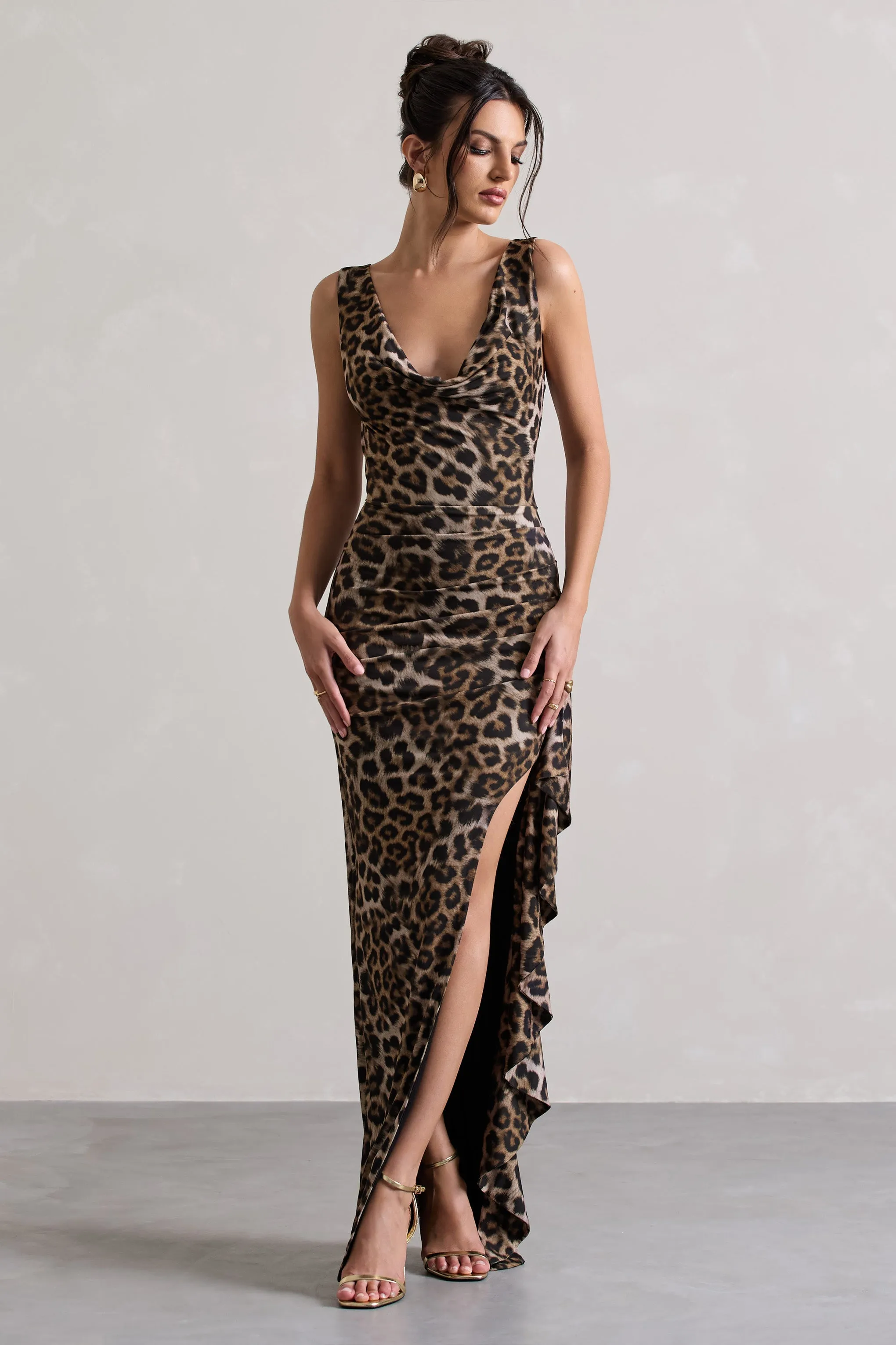 Kaida | Leopard Print Cowl-Neck Ruffled Split Maxi Dress sold by Club L London