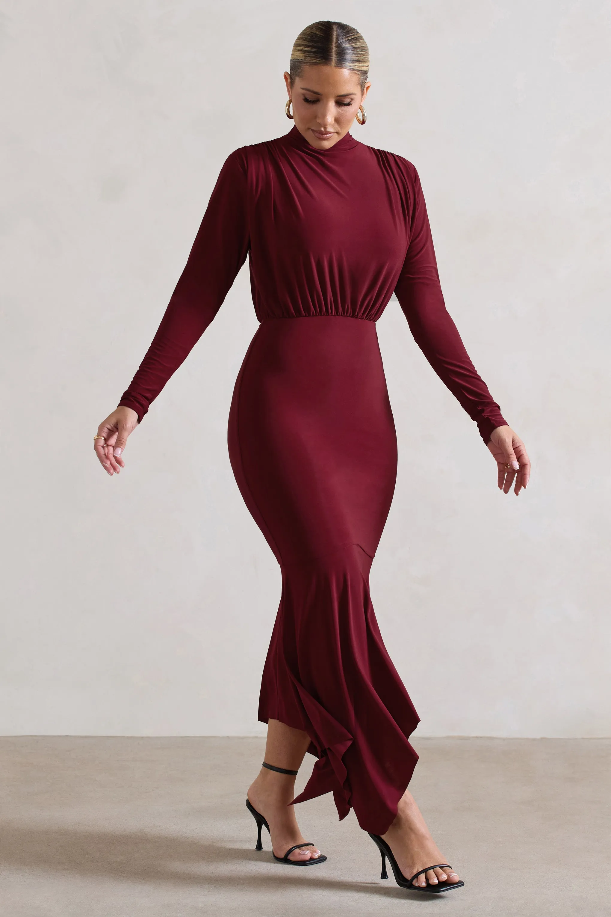 Carla | Berry High-Neck Midi Dress With Draped Hem sold by Club L London product image thumbnail 4
