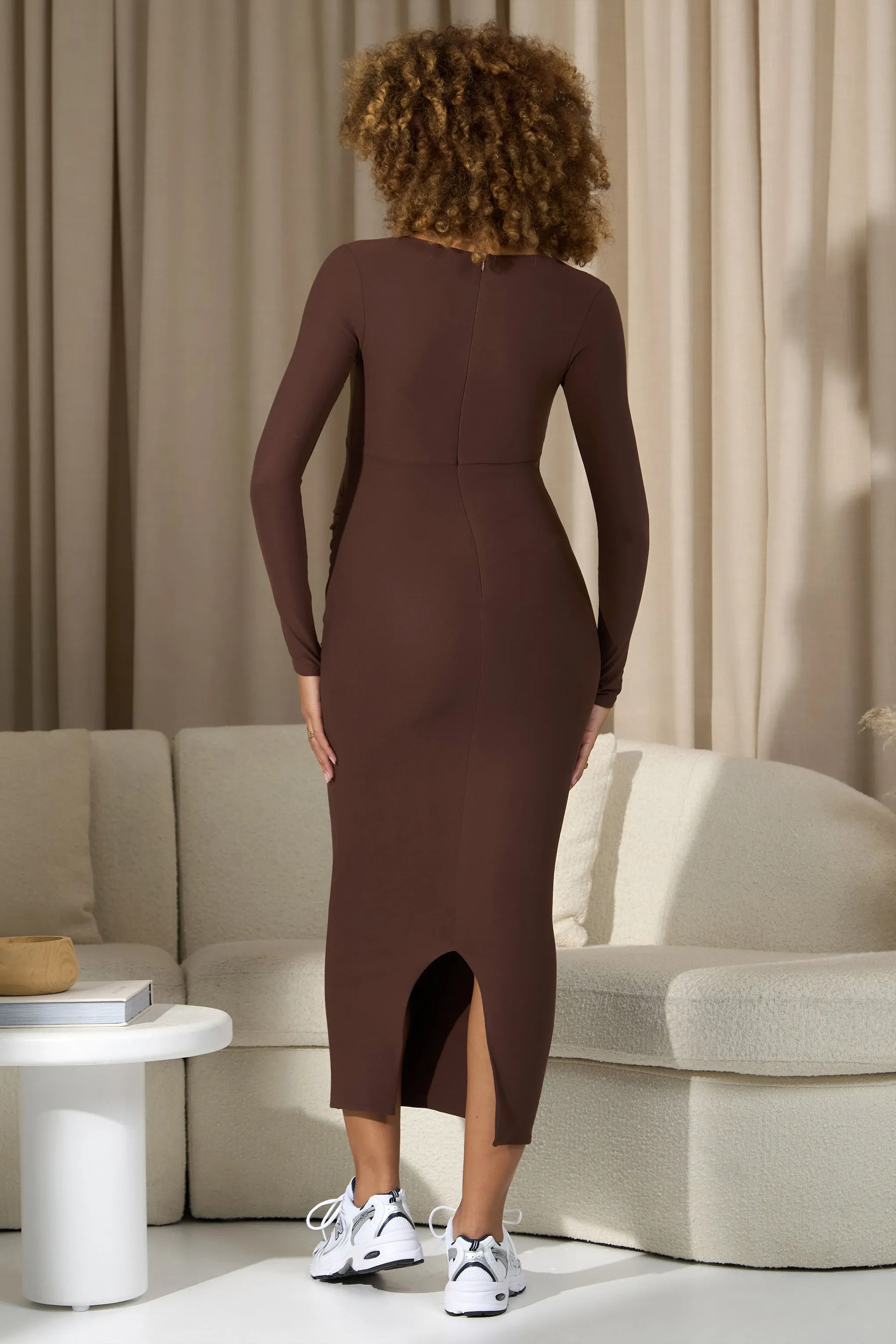 Leonora | Chocolate Brown Square-Neck Long-Sleeve Split Maternity Midi Dress sold by Club L London product image thumbnail 2
