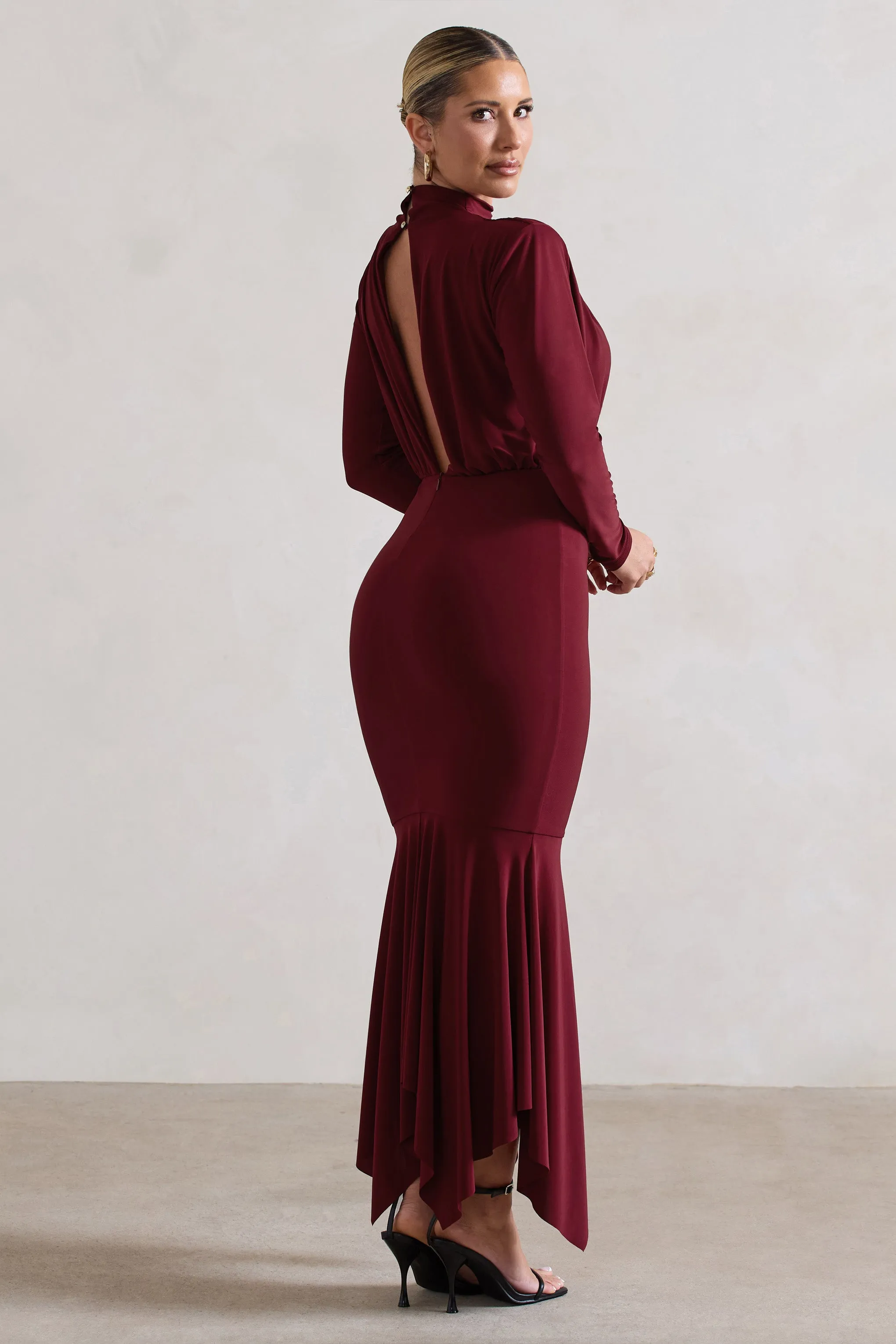 Carla | Berry High-Neck Midi Dress With Draped Hem sold by Club L London product image thumbnail 2