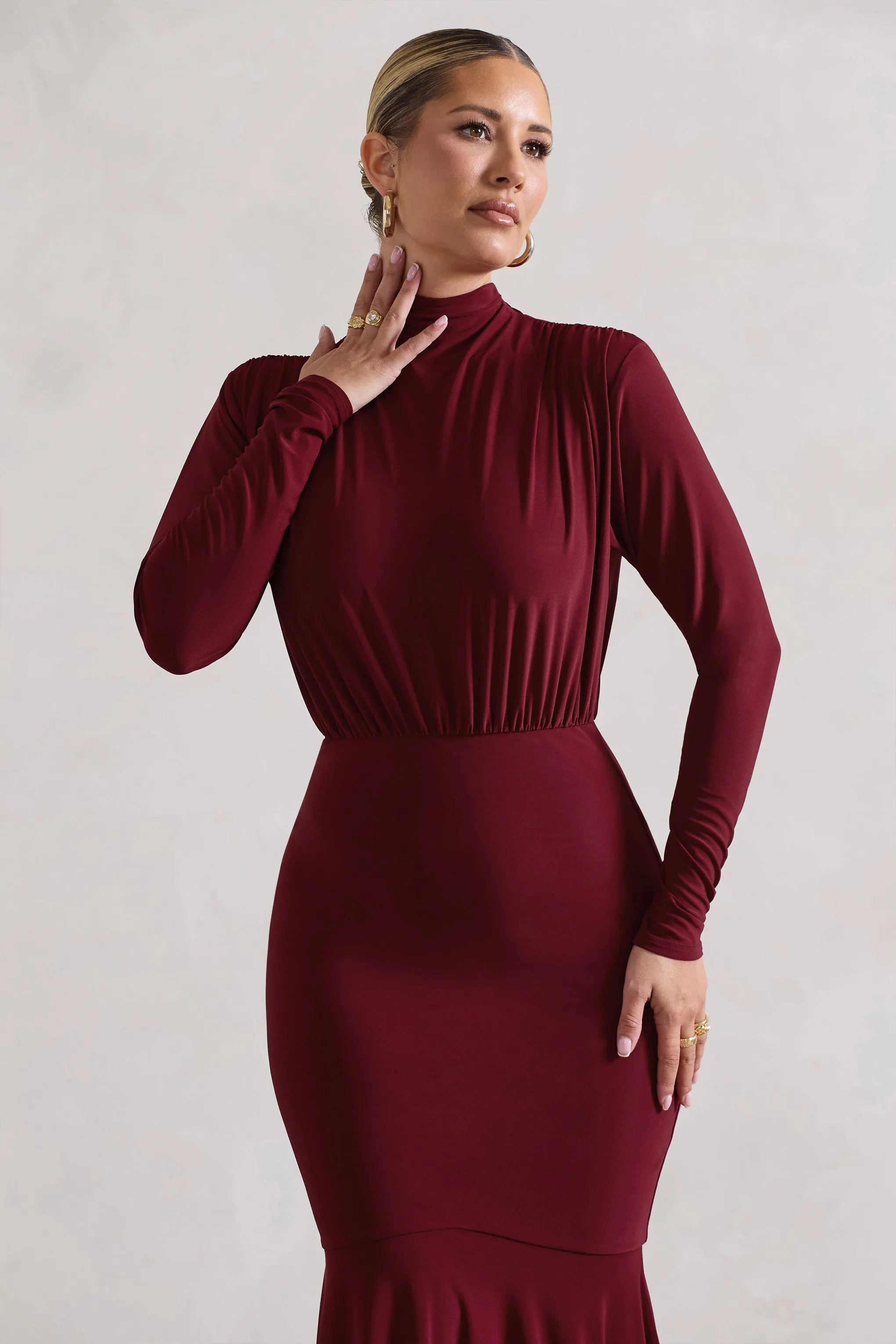 Carla | Berry High-Neck Midi Dress With Draped Hem sold by Club L London product image thumbnail 5