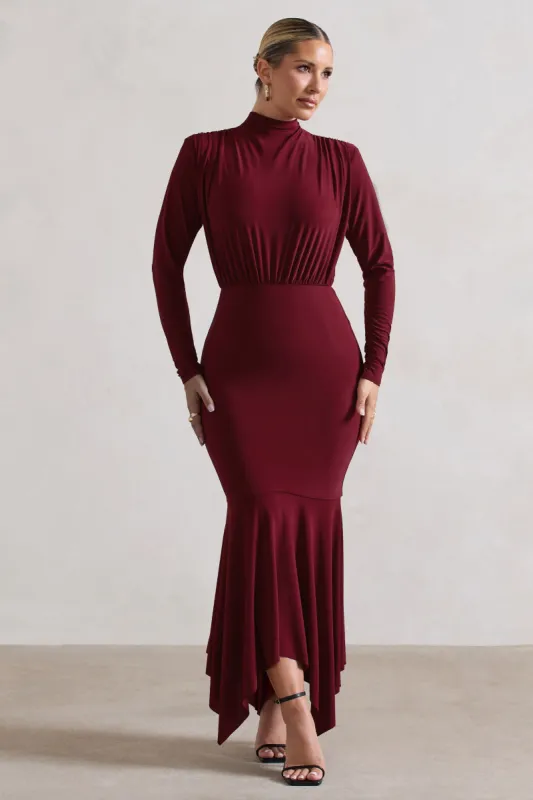 Carla | Berry High-Neck Midi Dress With Draped Hem sold by Club L London