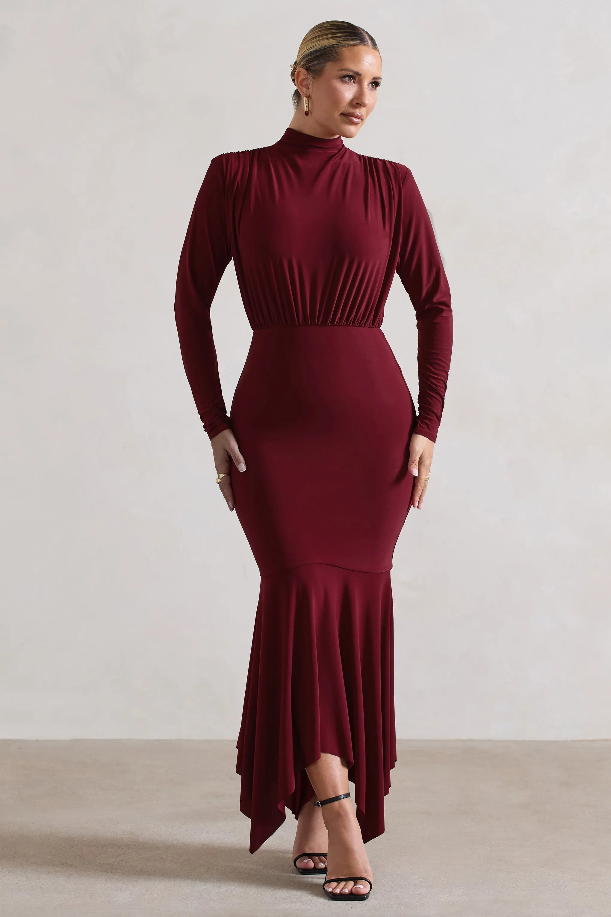 Carla | Berry High-Neck Midi Dress With Draped Hem sold by Club L London
