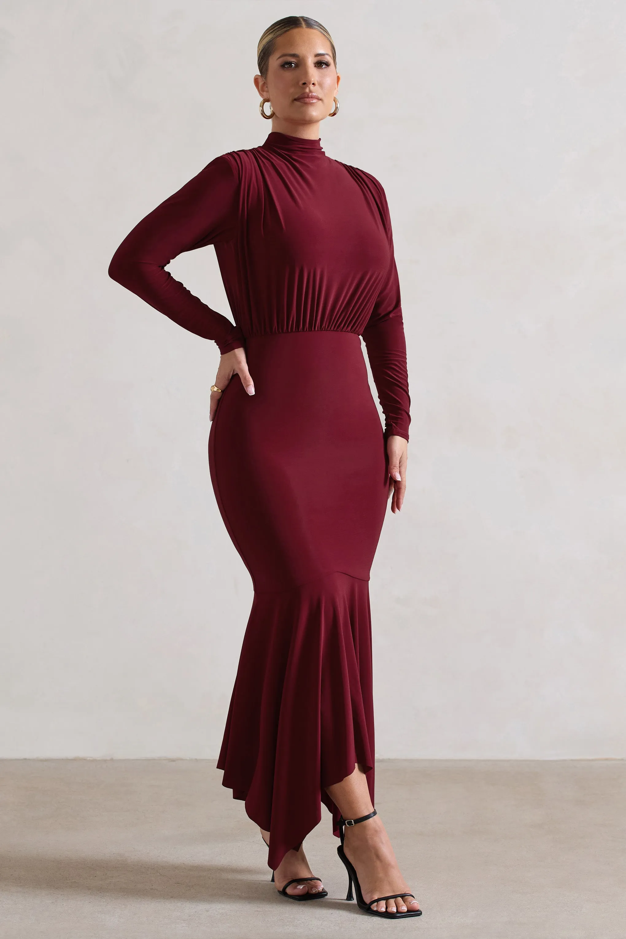 Carla | Berry High-Neck Midi Dress With Draped Hem sold by Club L London product image thumbnail 3