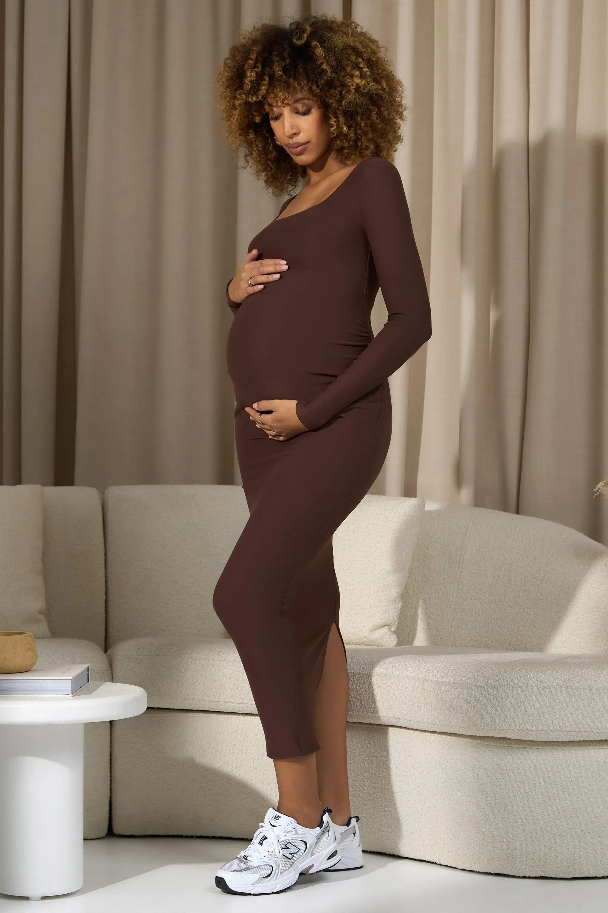 Leonora | Chocolate Brown Square-Neck Long-Sleeve Split Maternity Midi Dress sold by Club L London product image thumbnail 4