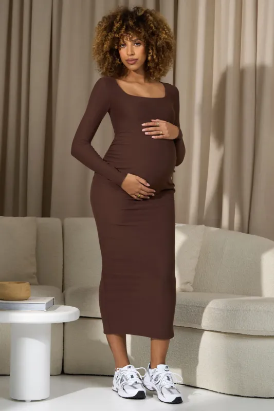 Leonora | Chocolate Brown Square-Neck Long-Sleeve Split Maternity Midi Dress sold by Club L London