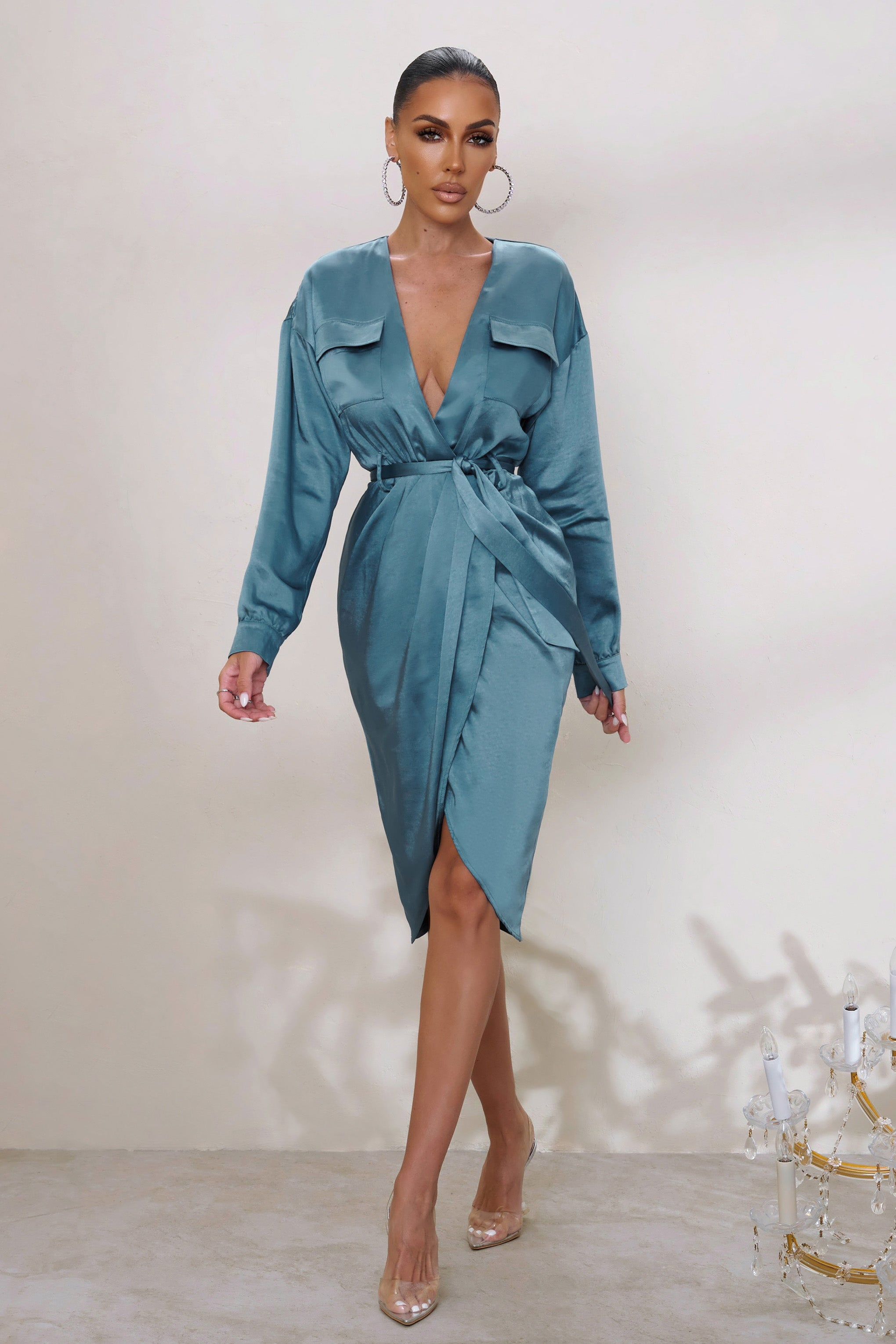 True Romance | Blue Satin Plunge Neck Midi Dress With Belt Detail sold by Club L London product image thumbnail 3