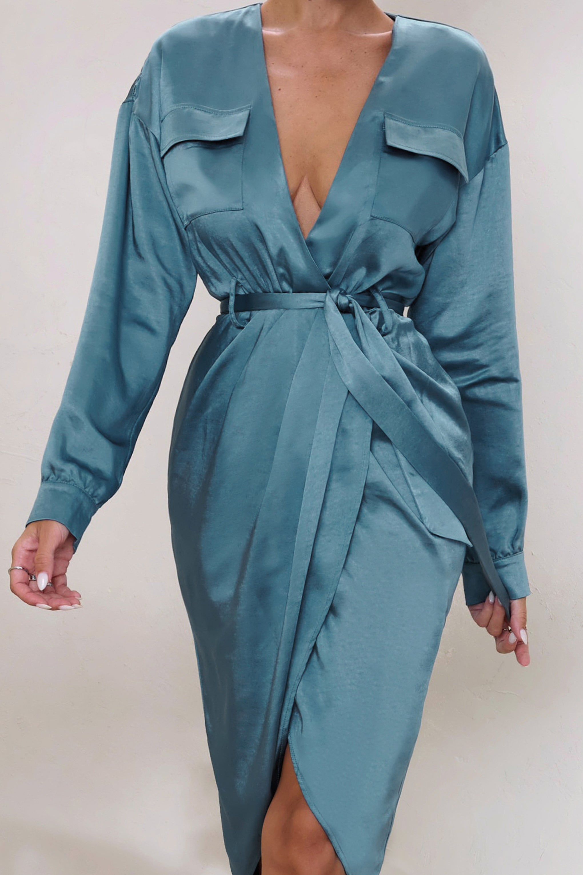 True Romance | Blue Satin Plunge Neck Midi Dress With Belt Detail sold by Club L London product image thumbnail 4