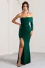 Meghan | Bottle Green Bardot Neck Thigh Split Fishtail Maxi Dress sold by Club L London