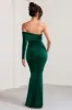Meghan | Bottle Green Bardot Neck Thigh Split Fishtail Maxi Dress sold by Club L London