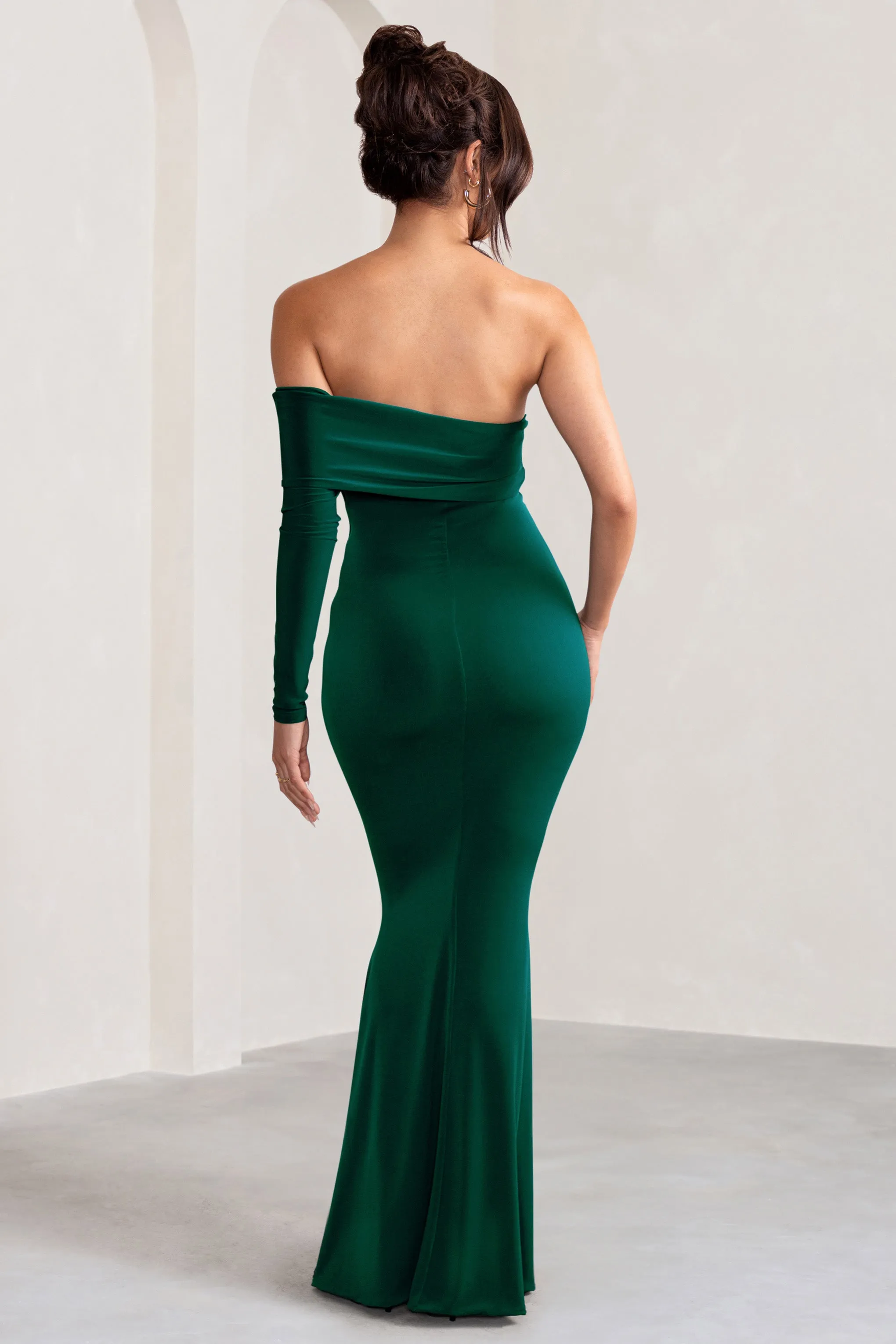 Meghan | Bottle Green Bardot Neck Thigh Split Fishtail Maxi Dress sold by Club L London product image thumbnail 4