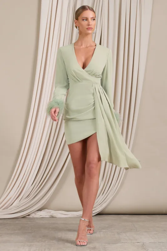 Mae | Mint Wrap Mini Dress With Drape And Feather Cuffs sold by Club L London