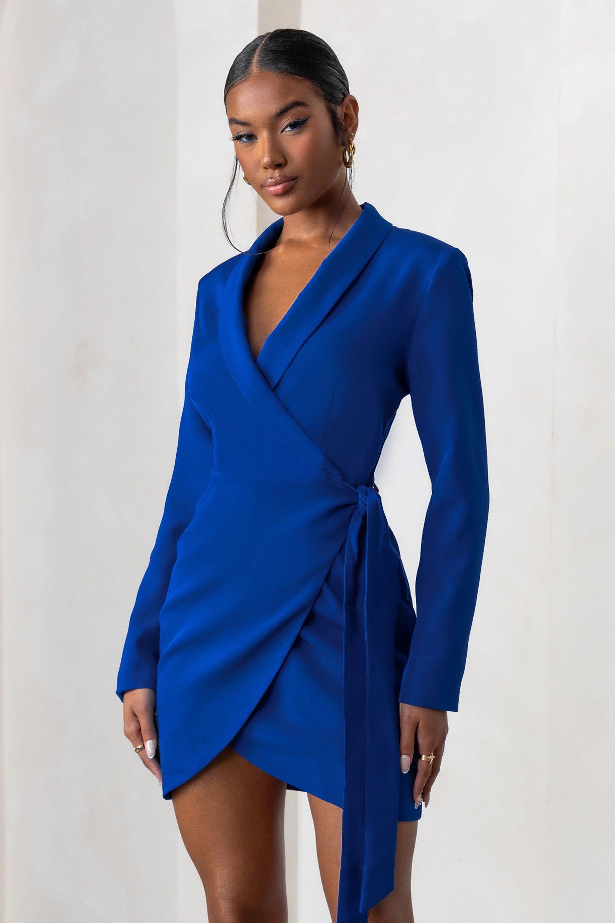 Ariel | Cobalt Blue Plunge Neck Tie Waist Tailored Blazer Mini Dress sold by Club L London