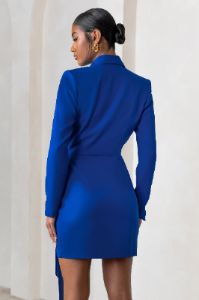 Ariel | Cobalt Blue Plunge Neck Tie Waist Tailored Blazer Mini Dress sold by Club L London