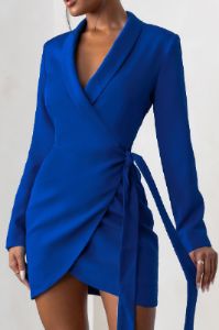Ariel | Cobalt Blue Plunge Neck Tie Waist Tailored Blazer Mini Dress sold by Club L London