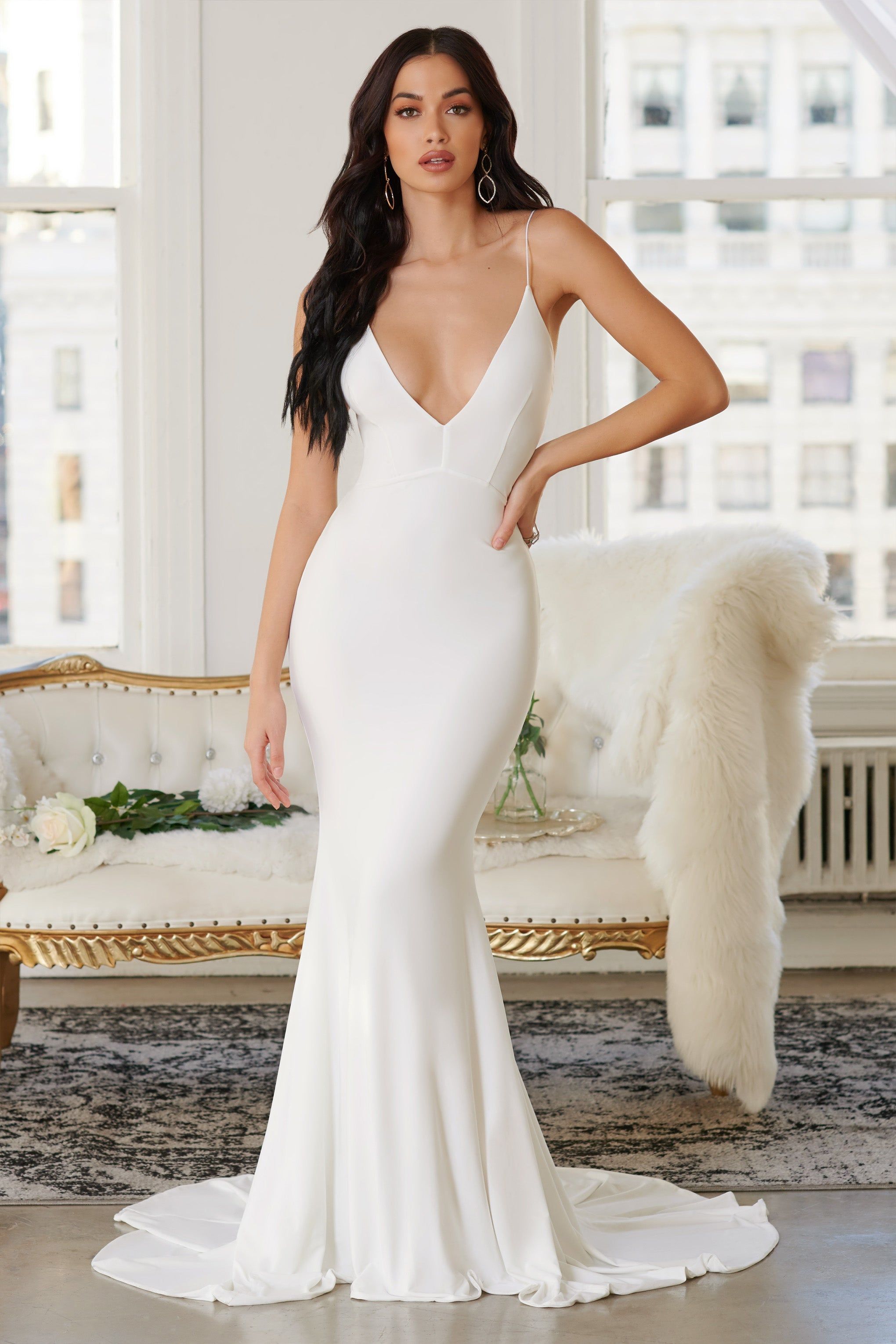 Irreplaceable | Off White Backless Bum Ruched Fishtail Maxi Dress sold by Club L London