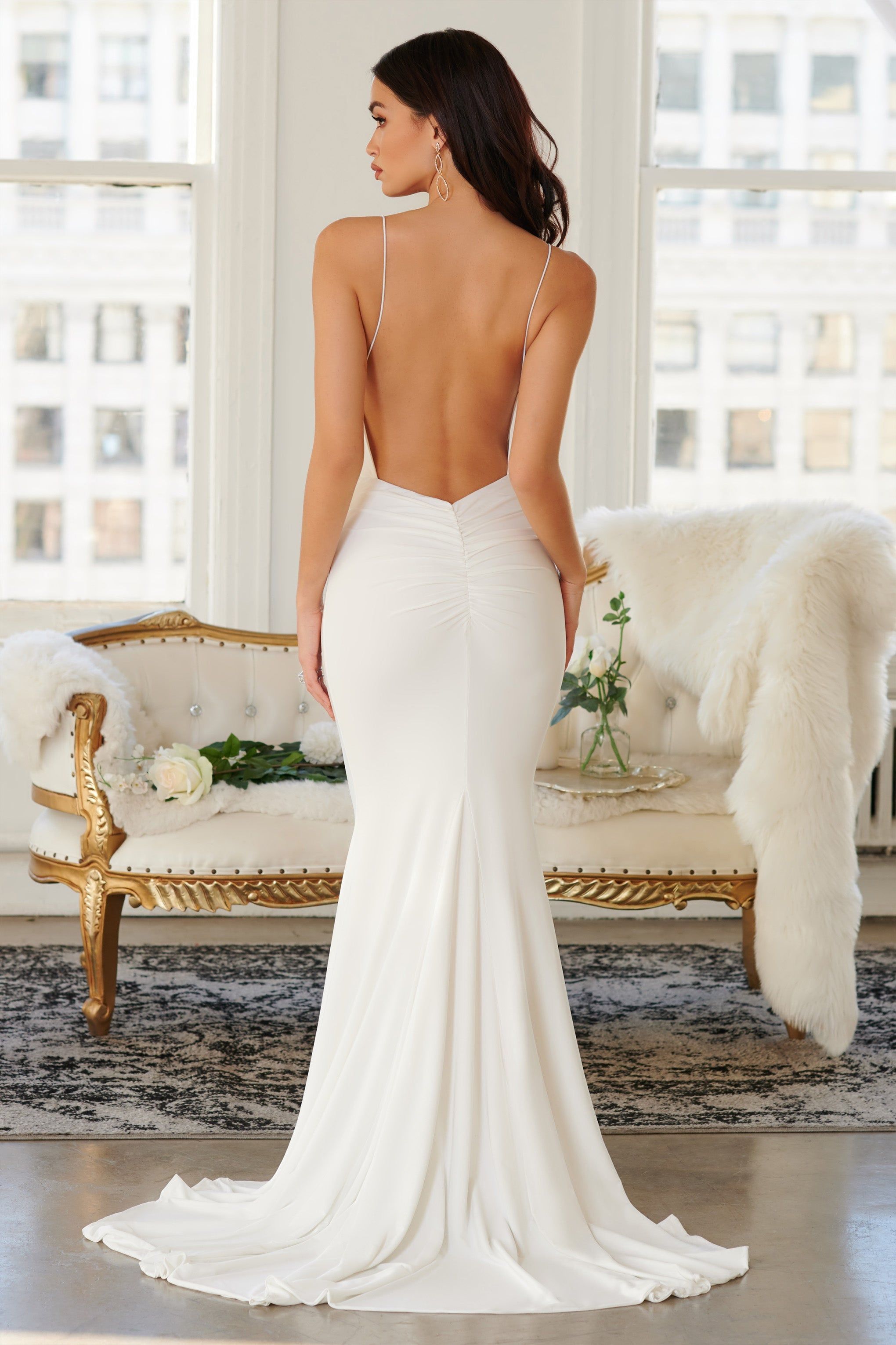 Irreplaceable | Off White Backless Bum Ruched Fishtail Maxi Dress sold by Club L London product image thumbnail 2