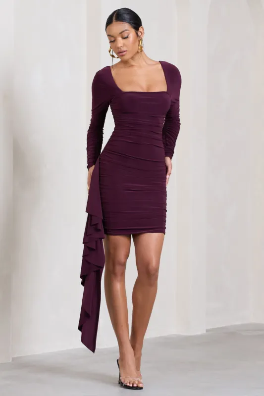 Crimson Cut | Plum Long-Sleeved Ruffled Bodycon Mini Dress sold by Club L London