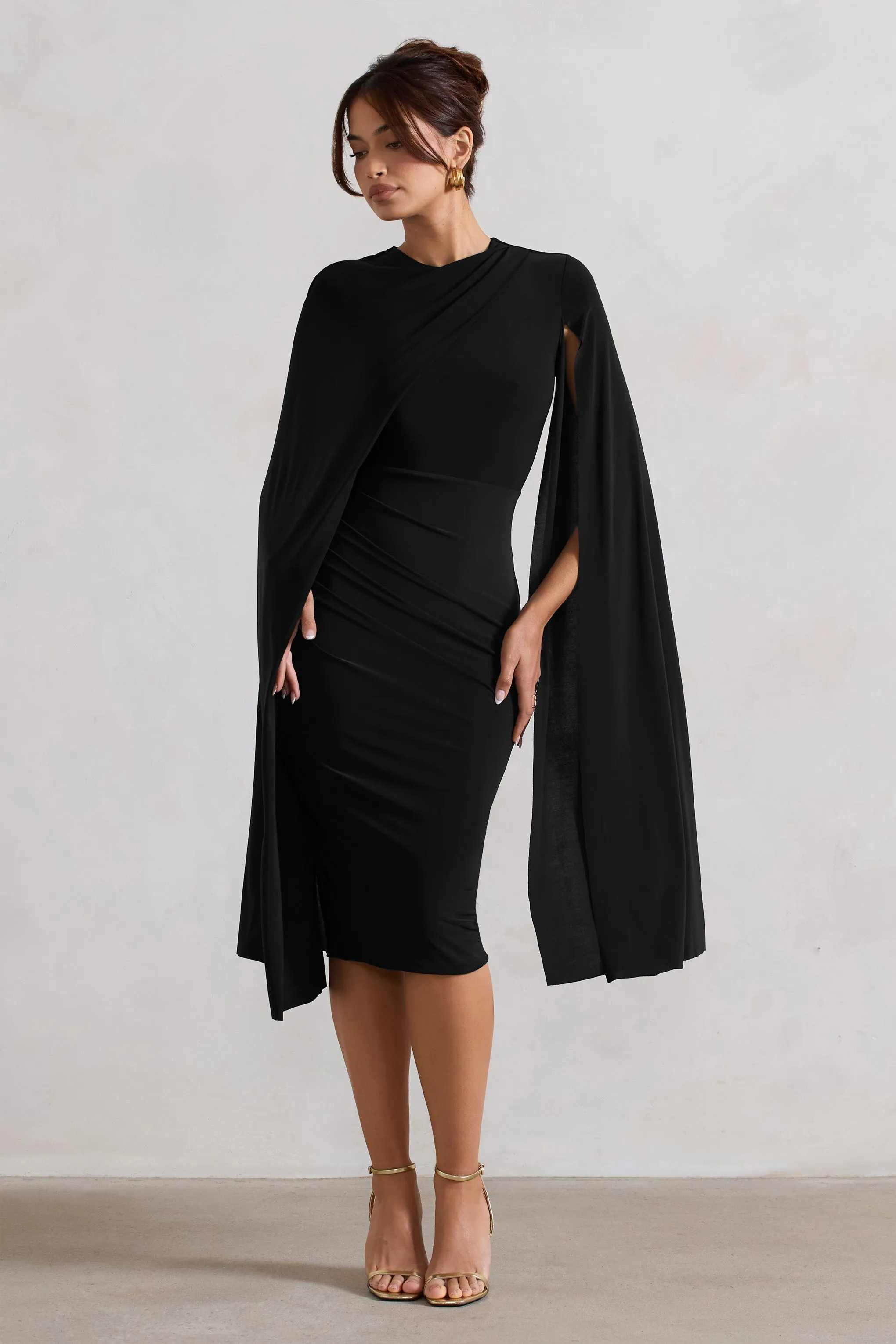 Marysol | Black Asymmetric Cape Midi Dress sold by Club L London product image thumbnail 5
