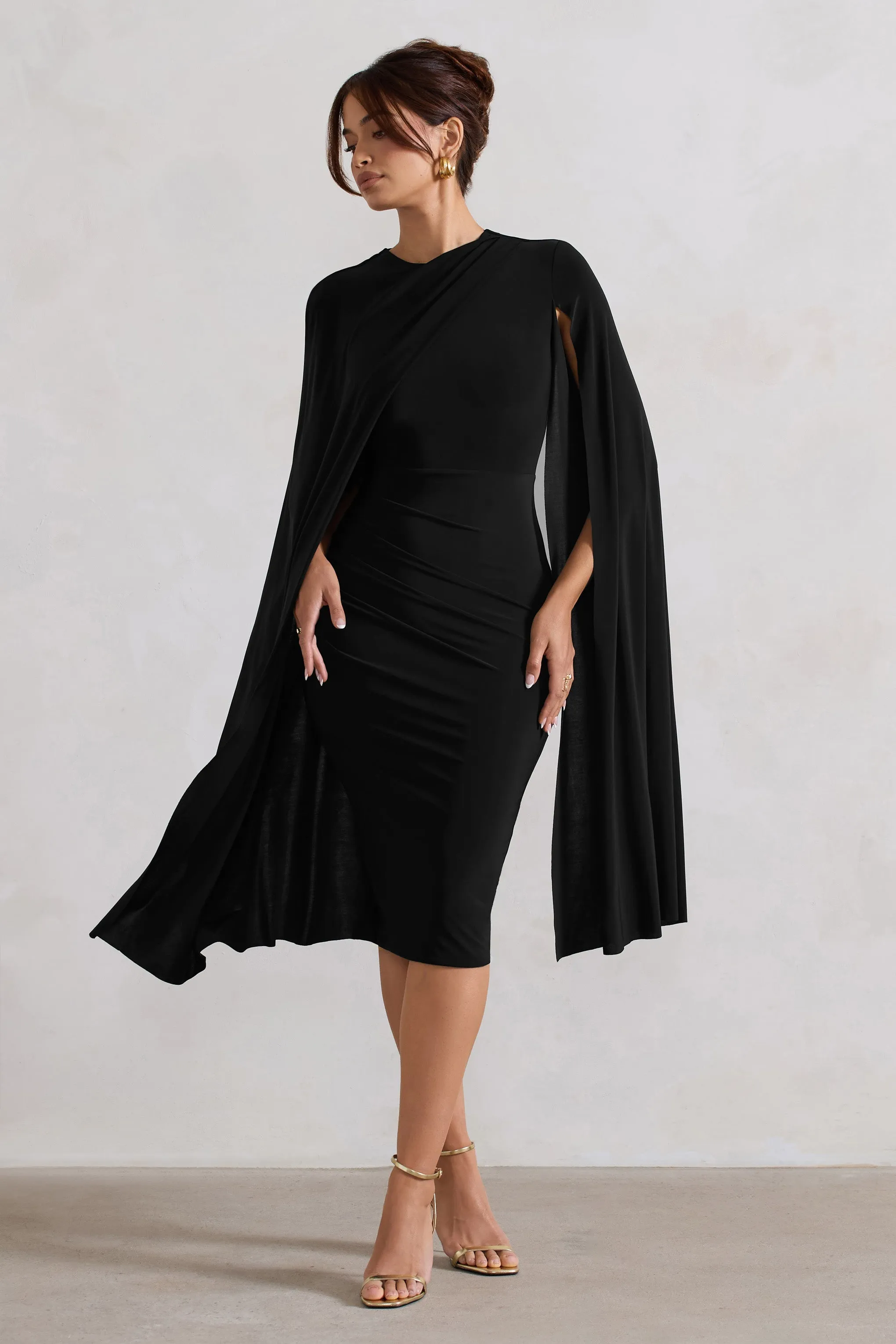 Marysol | Black Asymmetric Cape Midi Dress sold by Club L London product image thumbnail 4