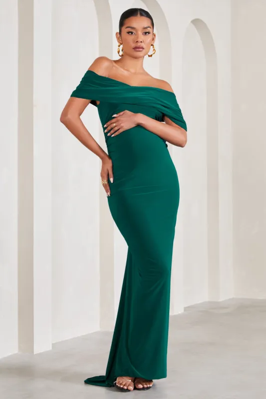 Carmen | Bottle Green Bardot Maternity Maxi Dress sold by Club L London