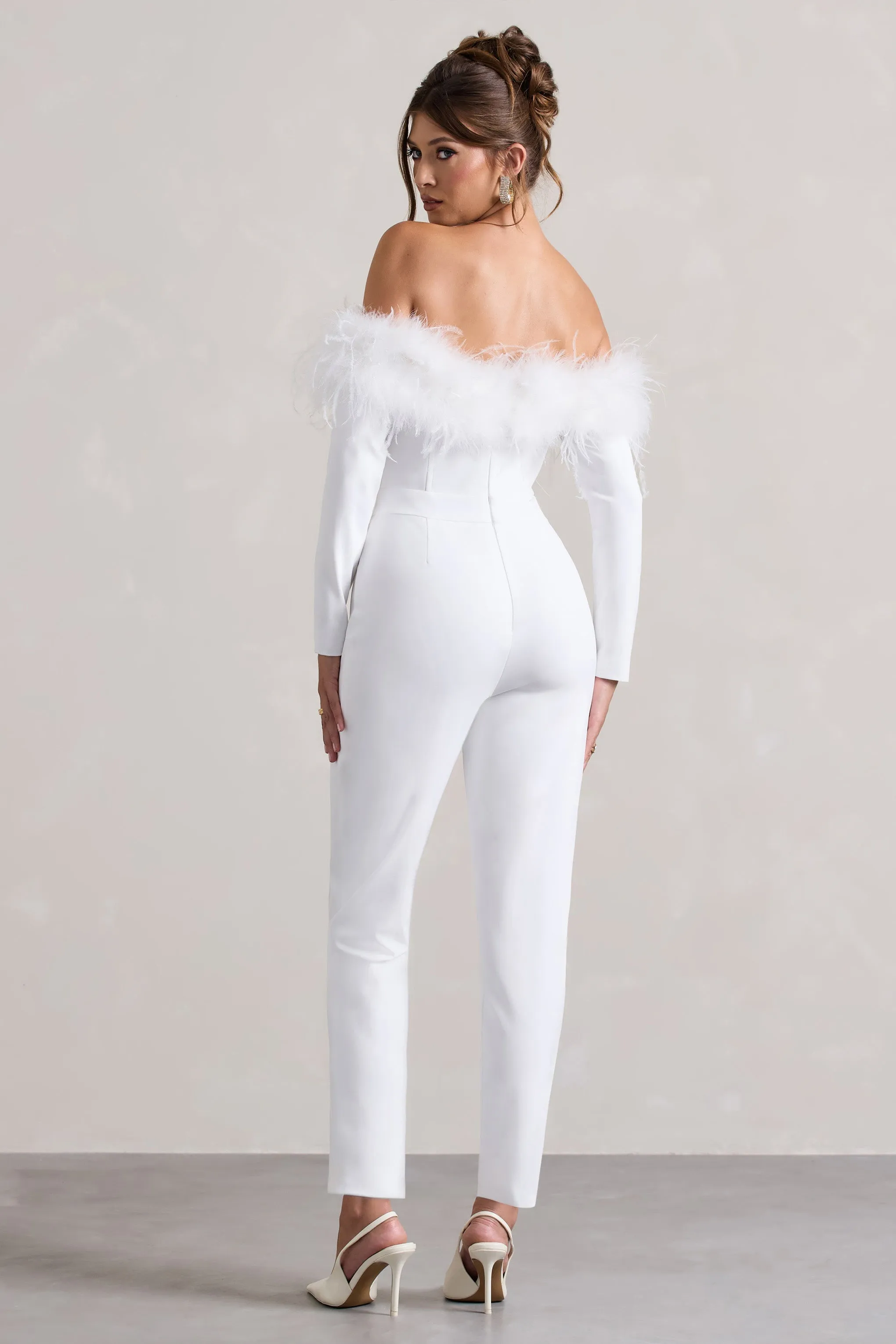 Ales | White Bardot Tailored Straight-Leg Jumpsuit With Feather Trim sold by Club L London product image thumbnail 2