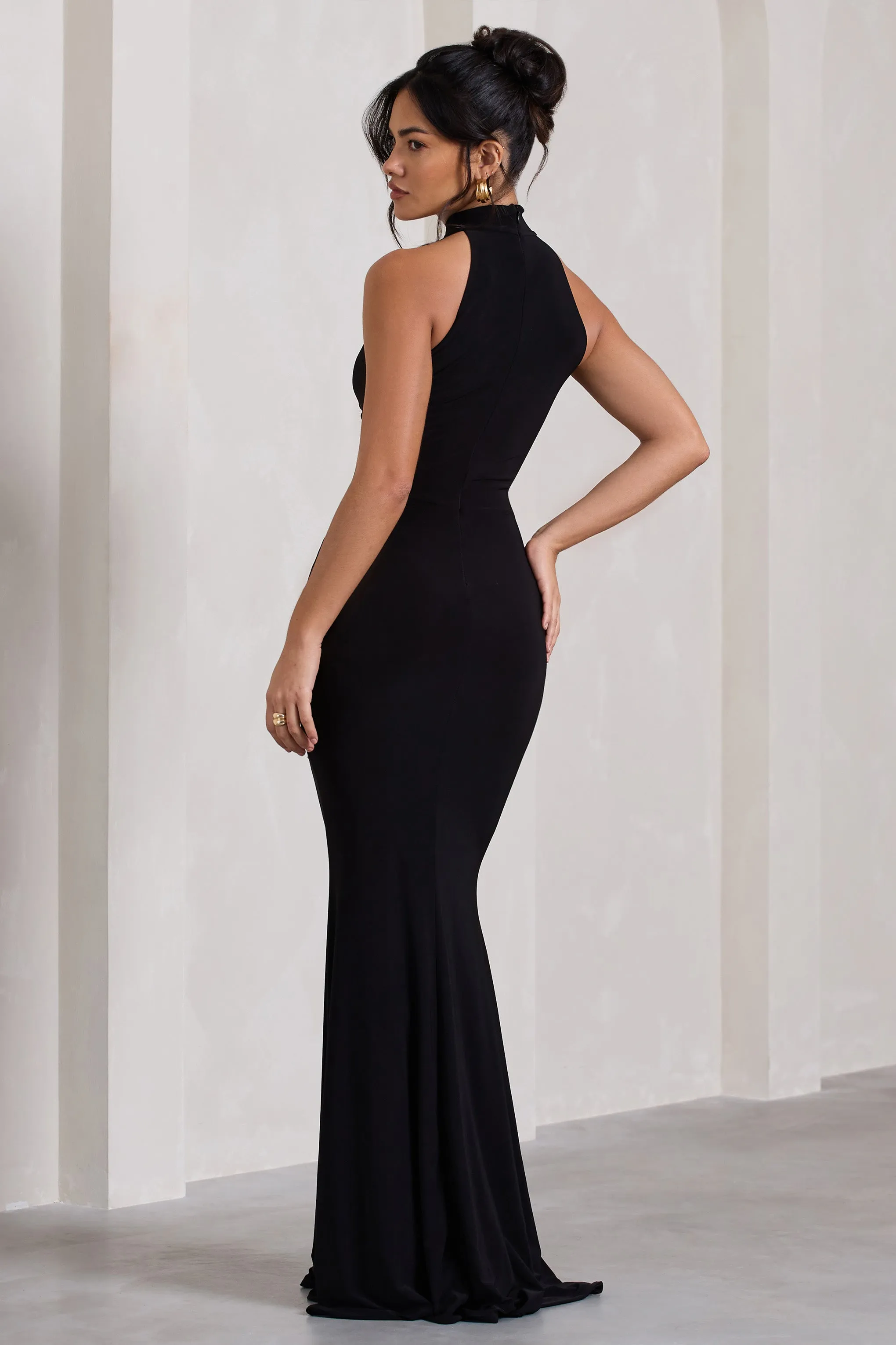 Memorable | Black Ruched High-Neck Split Maxi Dress sold by Club L London product image thumbnail 3