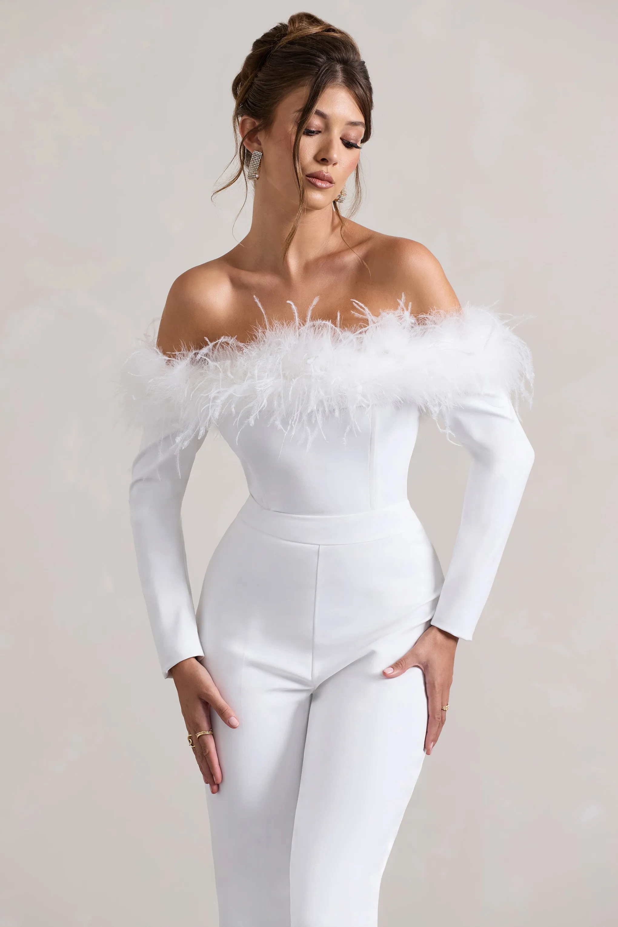 Ales | White Bardot Tailored Straight-Leg Jumpsuit With Feather Trim sold by Club L London product image thumbnail 3