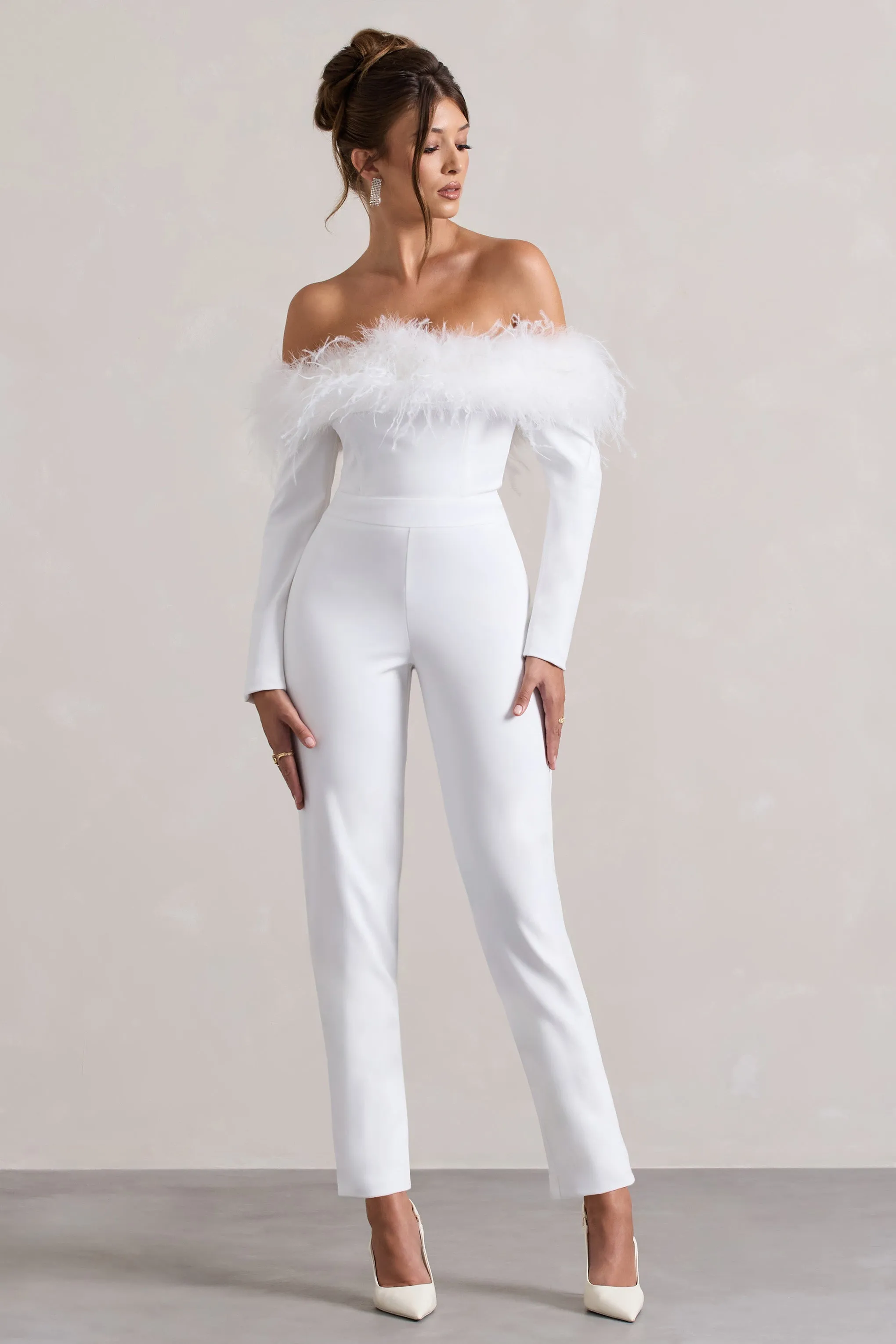 Ales | White Bardot Tailored Straight-Leg Jumpsuit With Feather Trim sold by Club L London product image thumbnail 4