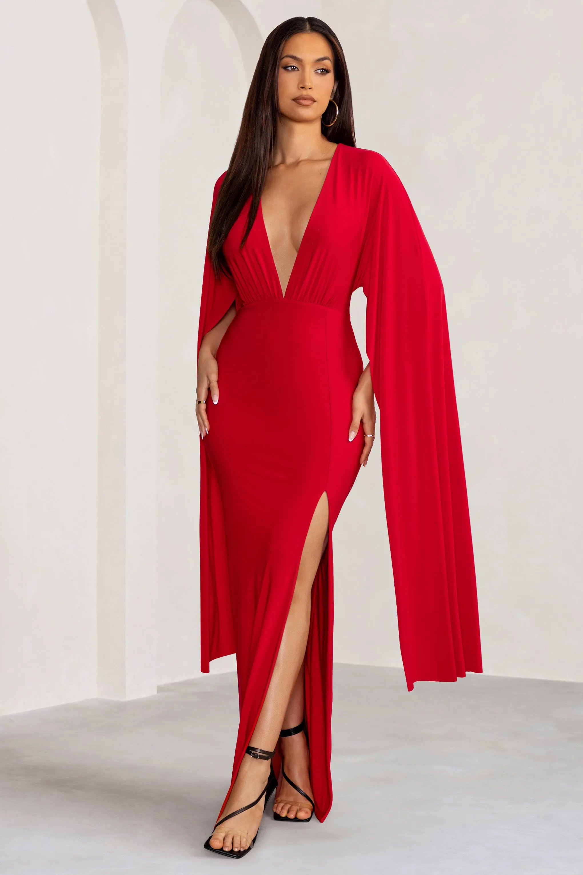 Maggie | Red Plunge Neck Maxi Dress with Cape Sleeves and Thigh Split sold by Club L London product image thumbnail 4