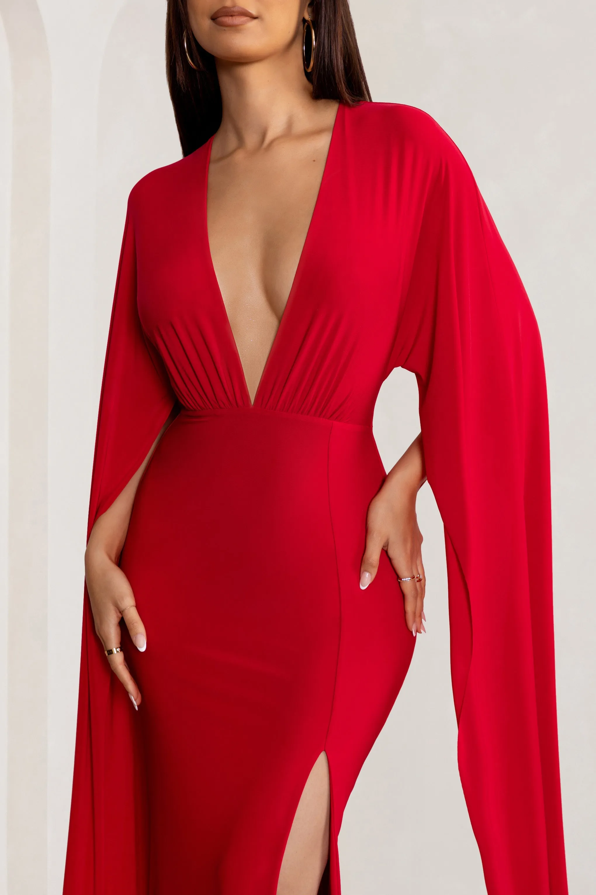 Maggie | Red Plunge Neck Maxi Dress with Cape Sleeves and Thigh Split sold by Club L London product image thumbnail 3