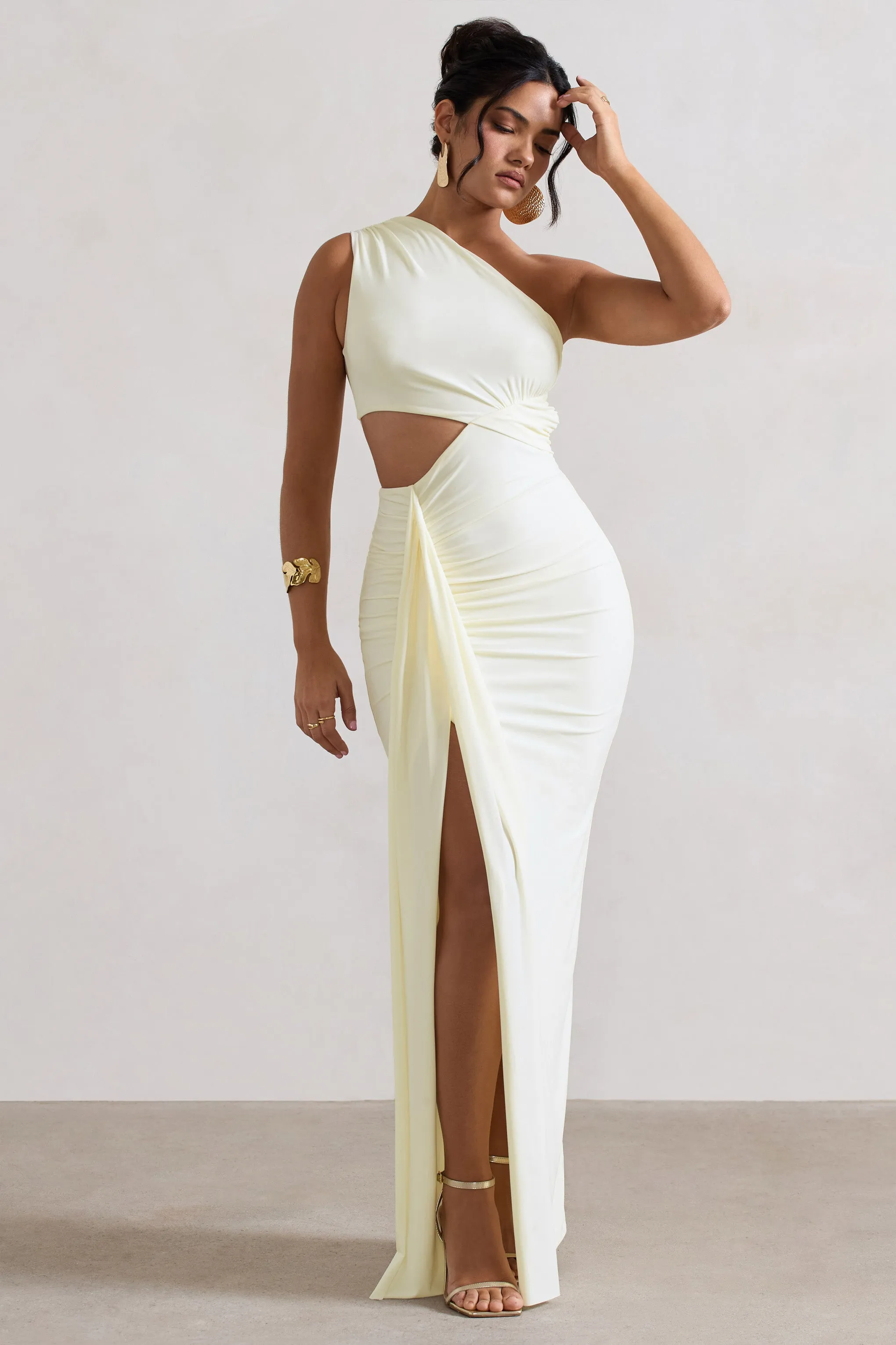 Rhodes | Ecru One-Shoulder Cut-Out Split Maxi Dress With Drape sold by Club L London
