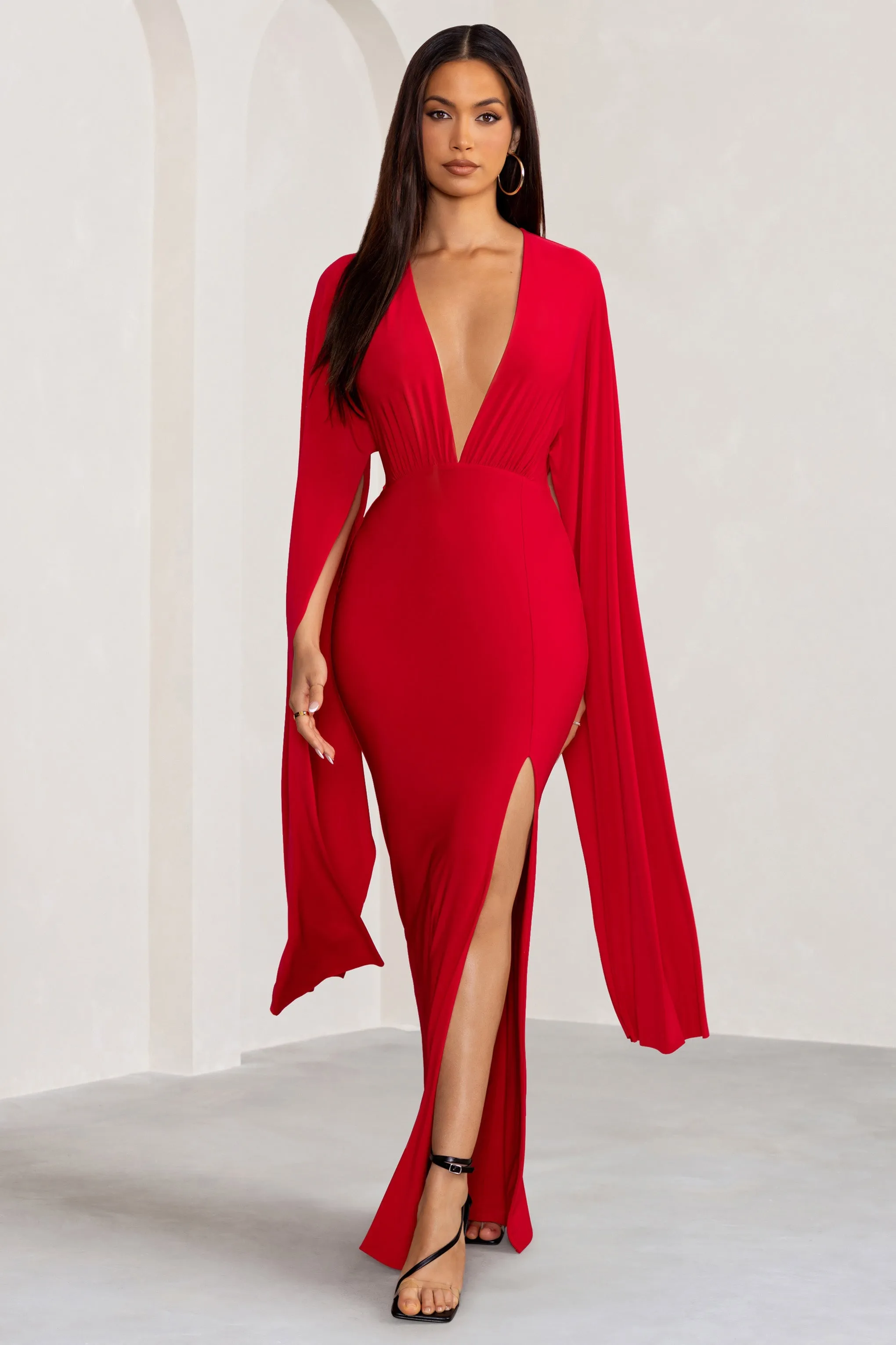Maggie | Red Plunge Neck Maxi Dress with Cape Sleeves and Thigh Split sold by Club L London product image thumbnail 5