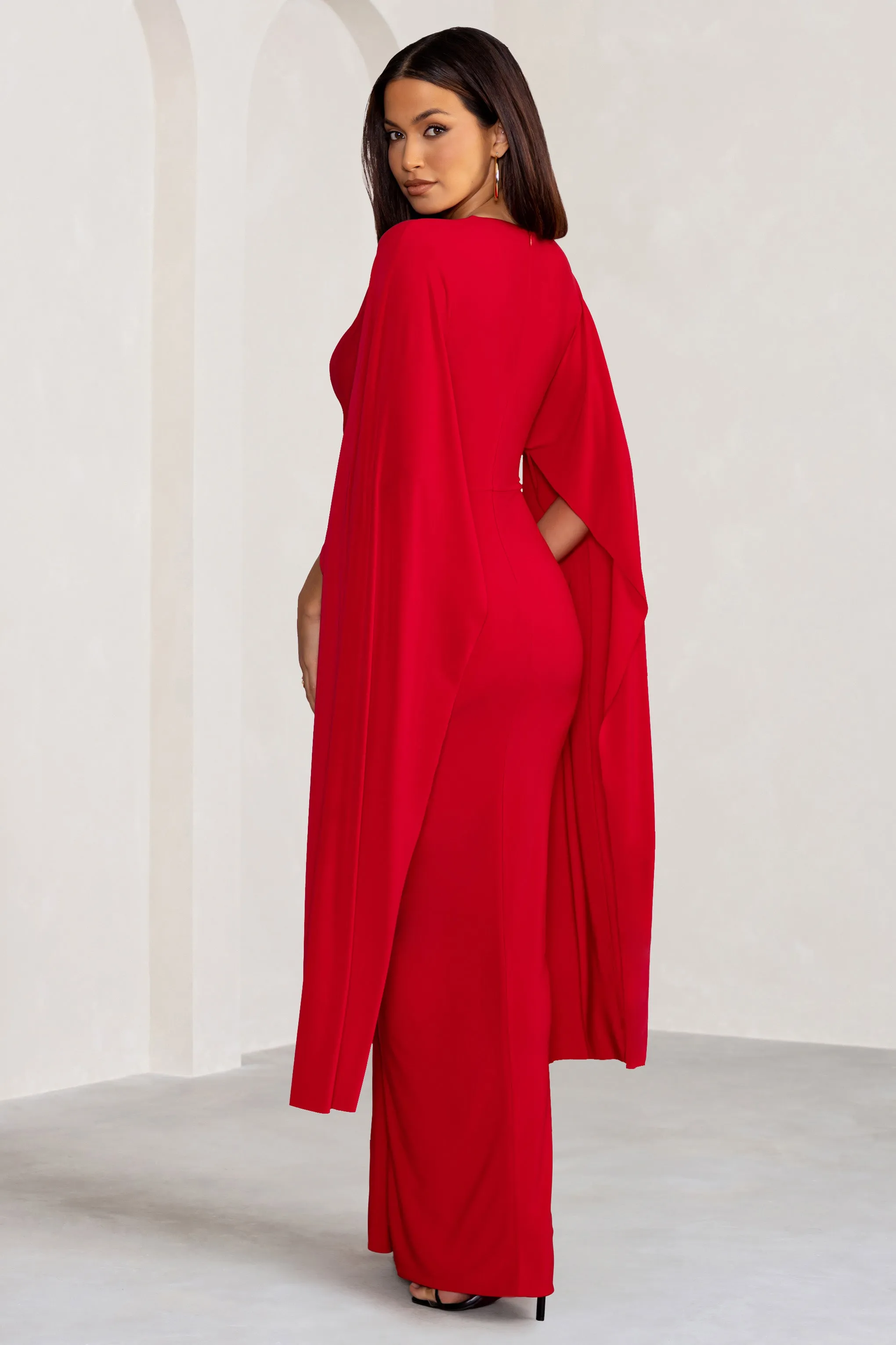 Maggie | Red Plunge Neck Maxi Dress with Cape Sleeves and Thigh Split sold by Club L London product image thumbnail 2