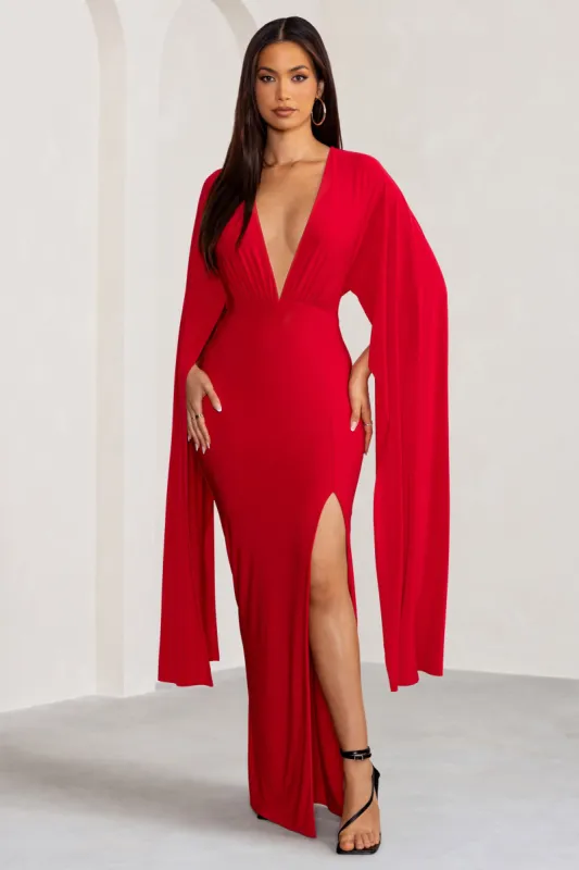 Maggie | Red Plunge Neck Maxi Dress with Cape Sleeves and Thigh Split sold by Club L London