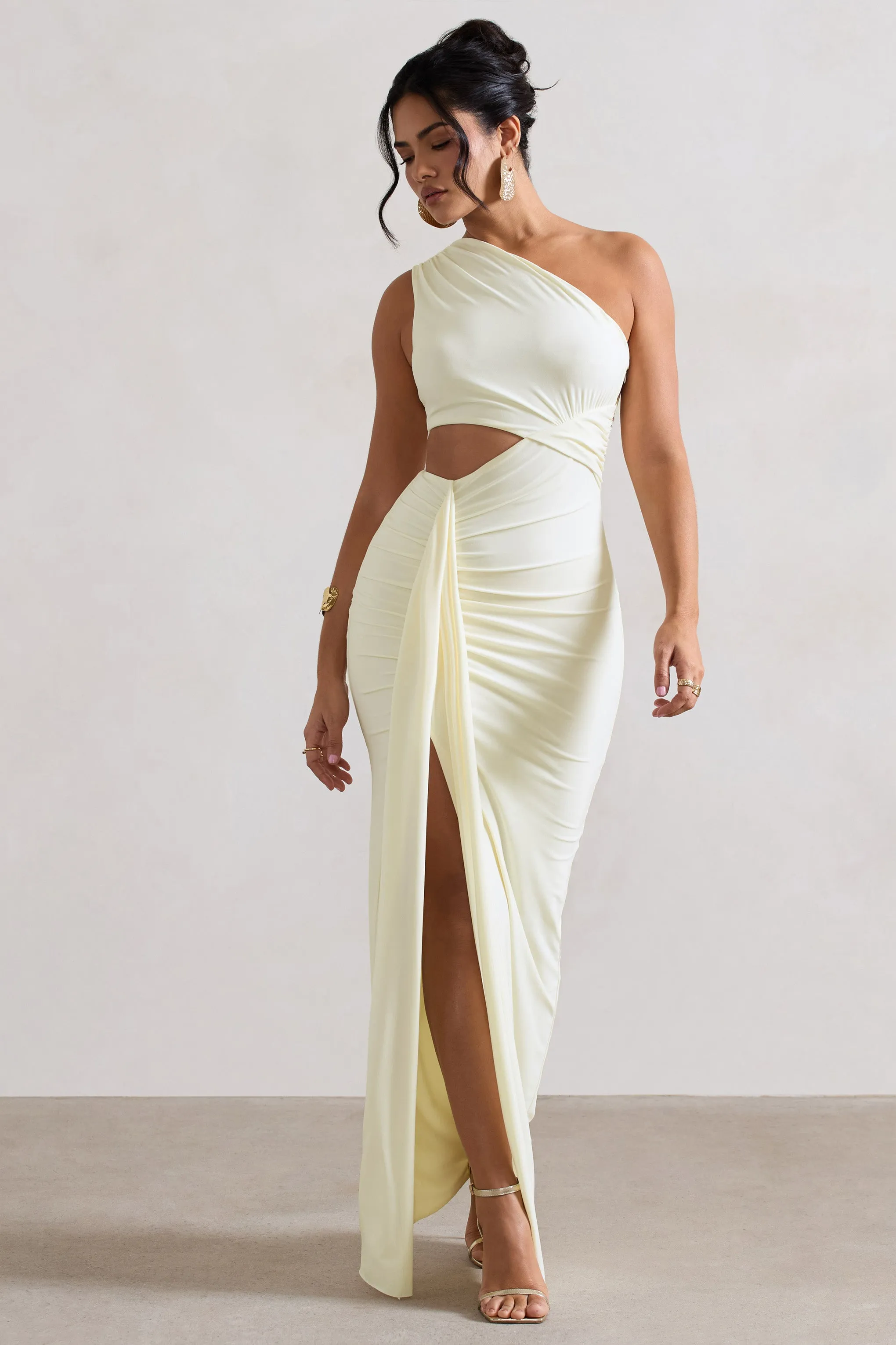 Rhodes | Ecru One-Shoulder Cut-Out Split Maxi Dress With Drape sold by Club L London product image thumbnail 5