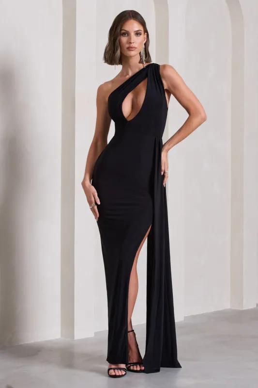 Lavish | Black One Shoulder Drape Maxi Dress sold by Club L London