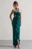 Powerful | Petrol Blue Cut-Out Halter-Neck Maxi Dress With Flower & Ruffles sold by Club L London