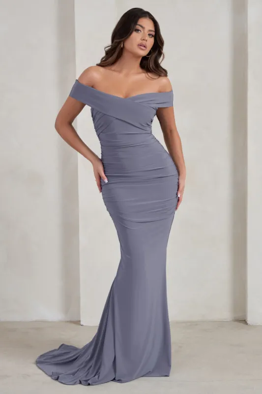 Apolline | Grey Off The Shoulder Ruched Fishtail Maxi Dress sold by Club L London