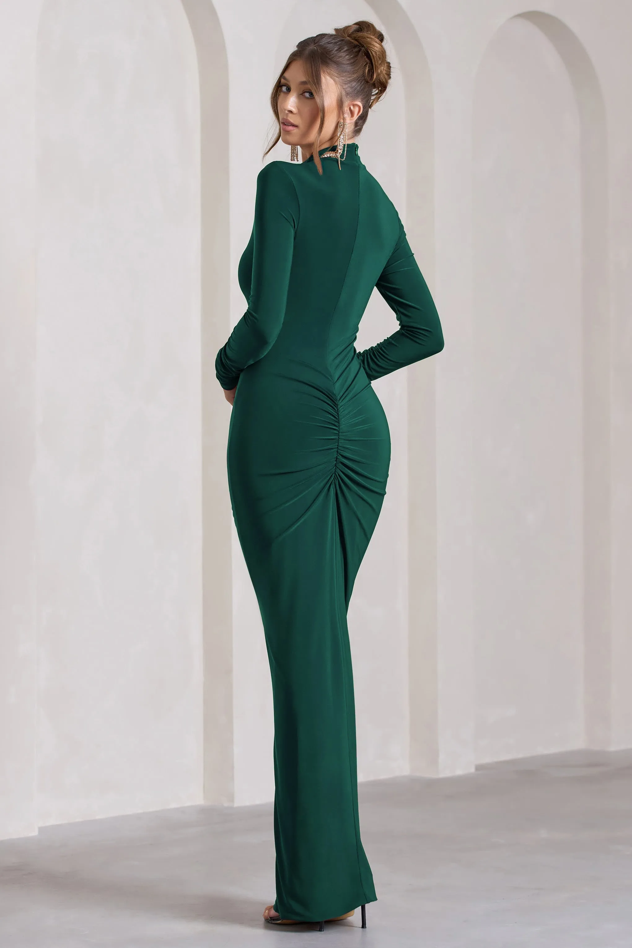 Lynn | Bottle Green Ruched High-Neck Split Maxi Dress sold by Club L London product image thumbnail 2