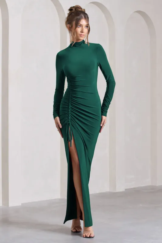 Lynn | Bottle Green Ruched High-Neck Split Maxi Dress sold by Club L London