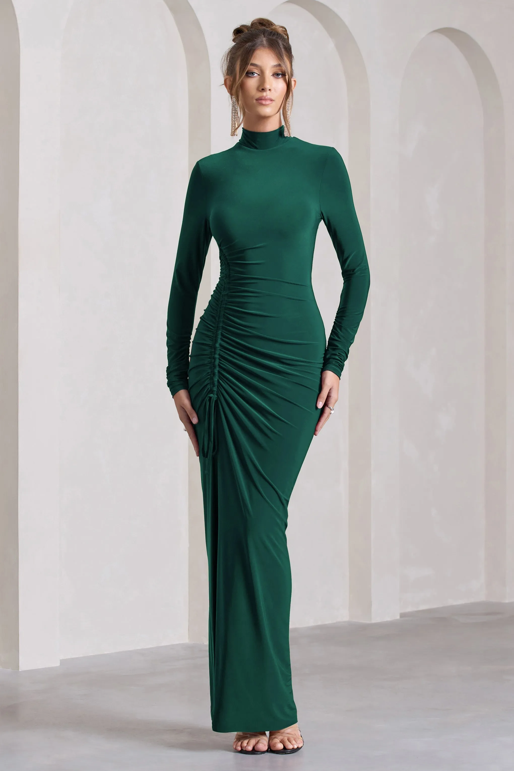 Lynn | Bottle Green Ruched High-Neck Split Maxi Dress sold by Club L London product image thumbnail 4