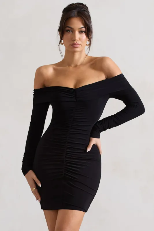Leola | Black Ruched Bodycon Bardot Long Sleeve Mini Dress sold by Club L London